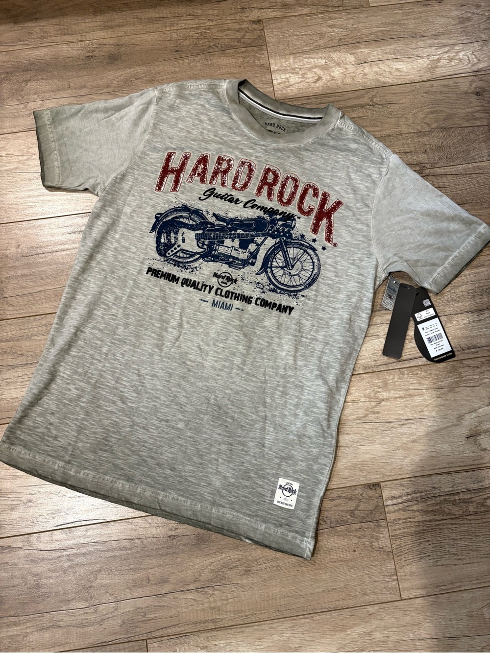 Hard Rock Cafe Light Gray Tee with Red Logo and Navy Motorcycle